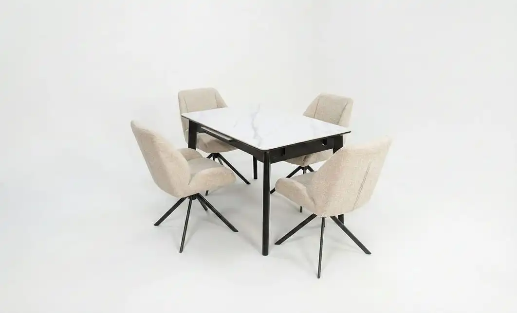 Set Masă Living Extensibilă KJT4711-1 Alb cu 4 Scaune Tapițate KJC4347 Bej 1