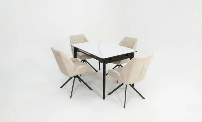 Set Masă Living Extensibilă KJT4711-1 Alb cu 4 Scaune Tapițate KJC4347 Bej