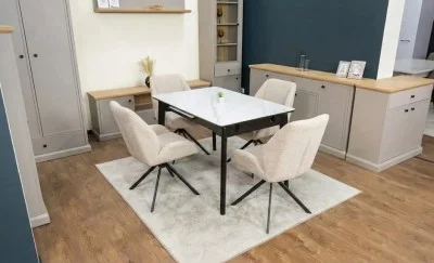 Set Masă Living Extensibilă KJT4711-1 Alb cu 4 Scaune Tapițate KJC4347 Bej