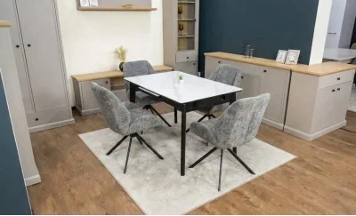 Set Masă Living Extensibilă KJT4711-1 Alb cu 4 Scaune Tapițate KJC4347 Gri