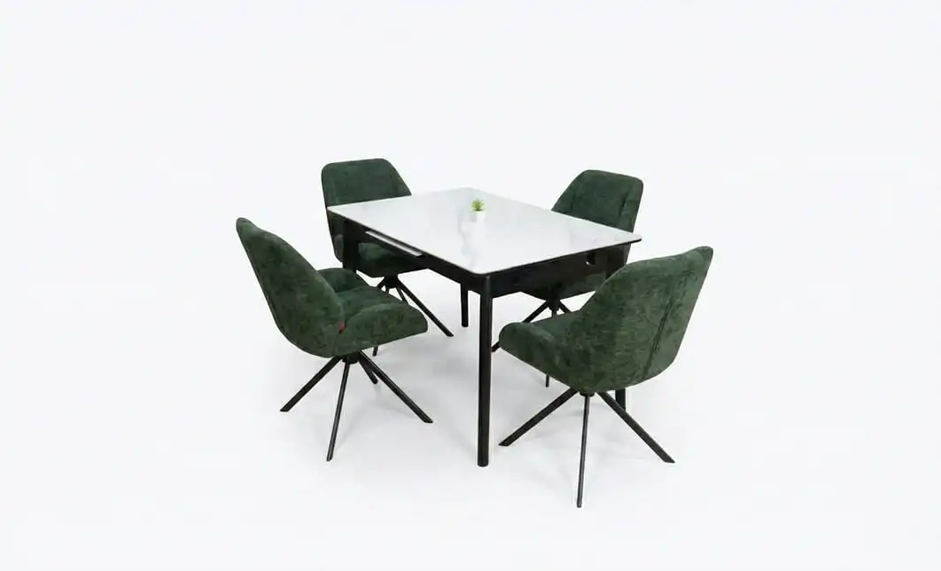 Set Masă Living Extensibilă KJT4711-1 Alb cu 4 Scaune Tapițate KJC4347 Verde 1