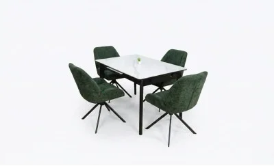 Set Masă Living Extensibilă KJT4711-1 Alb cu 4 Scaune Tapițate KJC4347 Verde