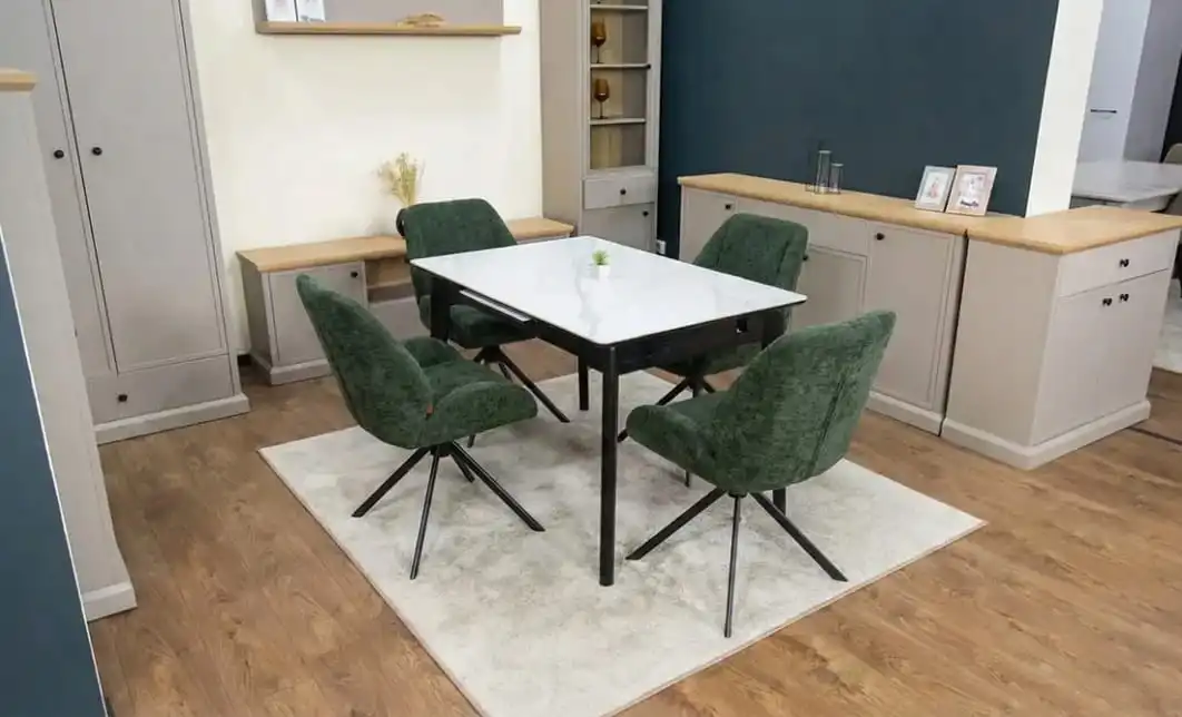 Set Masă Living Extensibilă KJT4711-1 Alb cu 4 Scaune Tapițate KJC4347 Verde