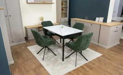 Set Masă Living Extensibilă KJT4711-1 Alb cu 4 Scaune Tapițate KJC4347 Verde