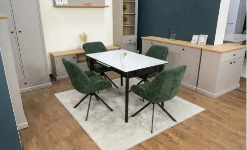 Set Masă Living Extensibilă KJT4711-1 Alb cu 4 Scaune Tapițate KJC4347 Verde