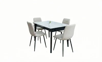 Set Masă Living Extensibilă KJT4711-1 Alb cu 4 Scaune KJC5341 Bej