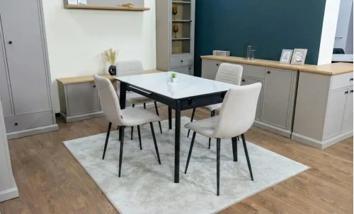 Set Masă Living Extensibilă KJT4711-1 Alb cu 4 Scaune KJC5341 Bej