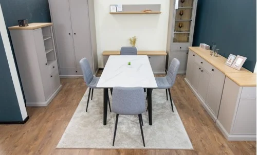 Set Masă Living Extensibilă KJT4711-1 Alb cu 4 Scaune KJC5341 Gri