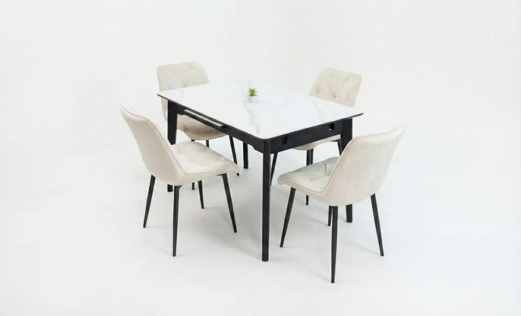 Set Masă Living Extensibilă KJT4711-1 Alb cu 4 Scaune KJC0357 Bej 2