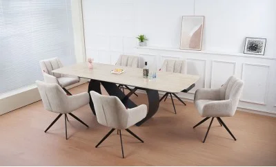 Set Masă Living Extensibilă Blat Ceramic KJT4714 cu 6 Scaune Living Rotative DCM0112 Bej