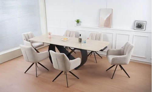 Set Masă Living Extensibilă Blat Ceramic KJT4714 cu 6 Scaune Living Rotative DCM0112 Bej