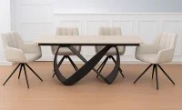 Set Masă Living Extensibilă Blat Ceramic KJT4714 cu 4 Scaune Living Rotative DCM0112 Bej