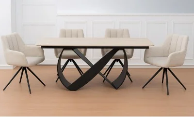 Set Masă Living Extensibilă Blat Ceramic KJT4714 cu 4 Scaune Living Rotative DCM0112 Bej