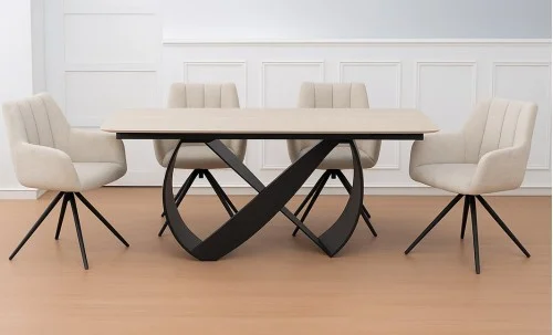 Set Masă Living Extensibilă Blat Ceramic KJT4714 cu 4 Scaune Living Rotative DCM0112 Bej
