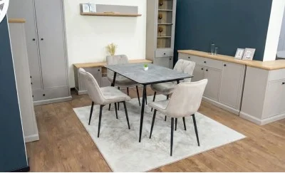 Set Masă Living Extensibilă KJT546 Gri cu 4 Scaune Tapițate KJC0357 Bej