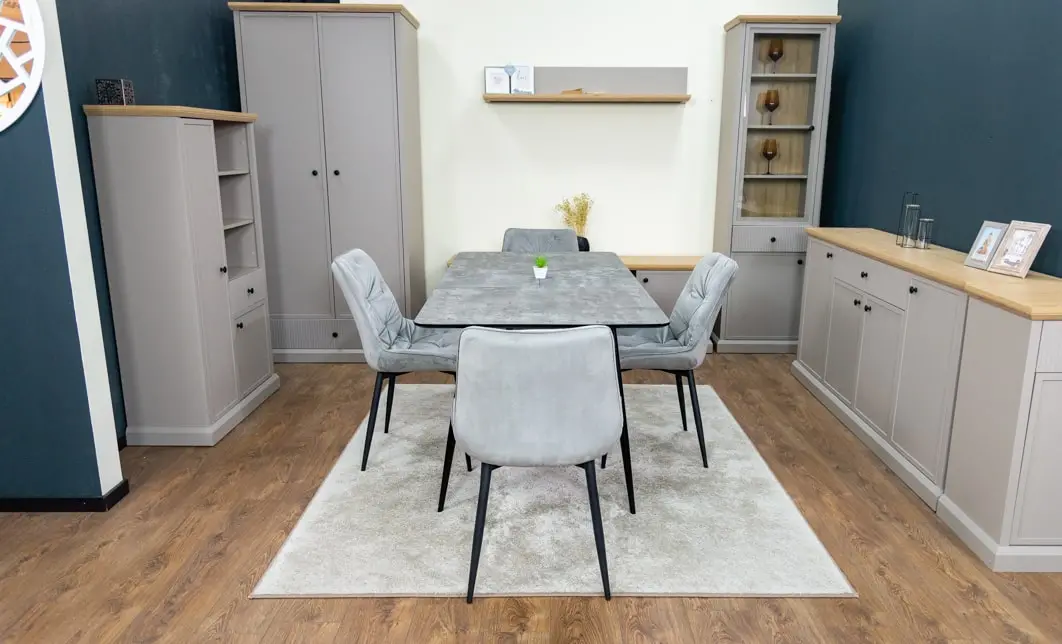 Set Masă Living Extensibilă KJT546 Gri cu 4 Scaune Tapițate KJC0357 Gri