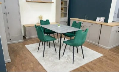 Set Masă Living Extensibilă KJT546 Gri cu 4 Scaune Tapițate KJC0358 Verzi
