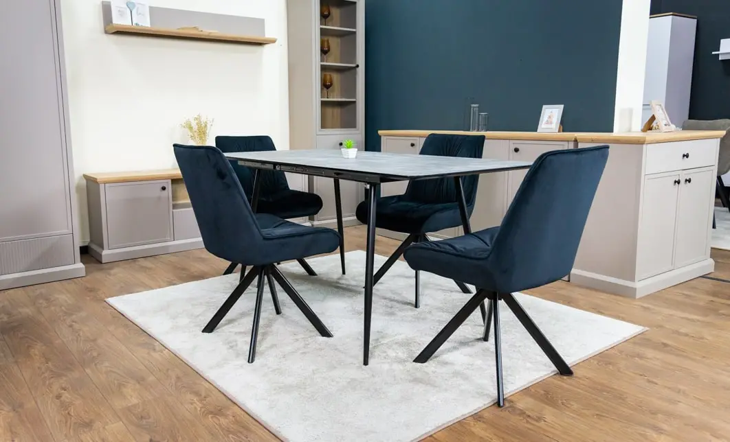 Set Masă Living Extensibilă KJT546 Gri cu 4 Scaune Tapițate KJC356 Negre