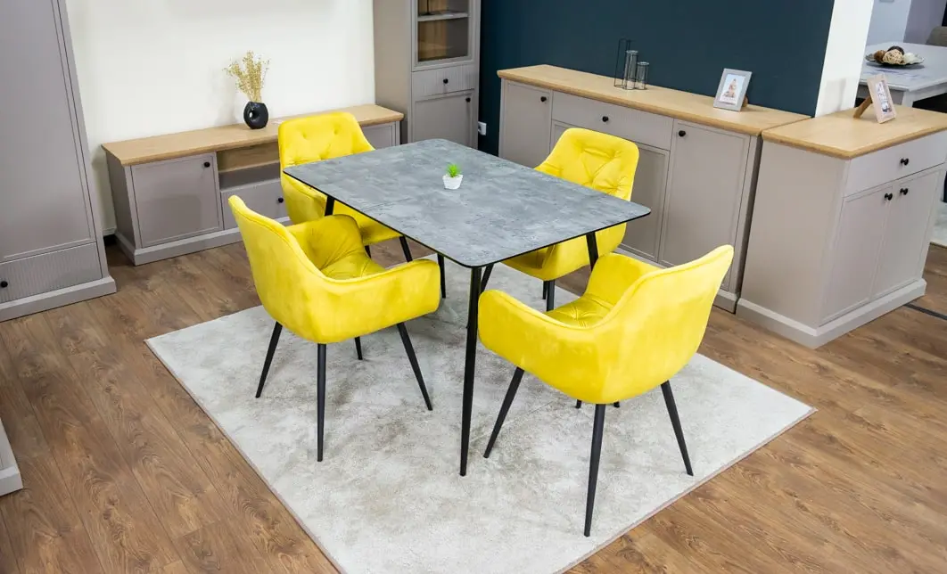 Set Masă Living Extensibilă KJT546 Gri cu 4 Scaune Tapițate KJC38 Galbene