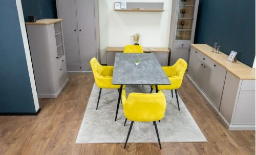 Set Masă Living Extensibilă KJT546 Gri cu 4 Scaune Tapițate KJC38 Galbene