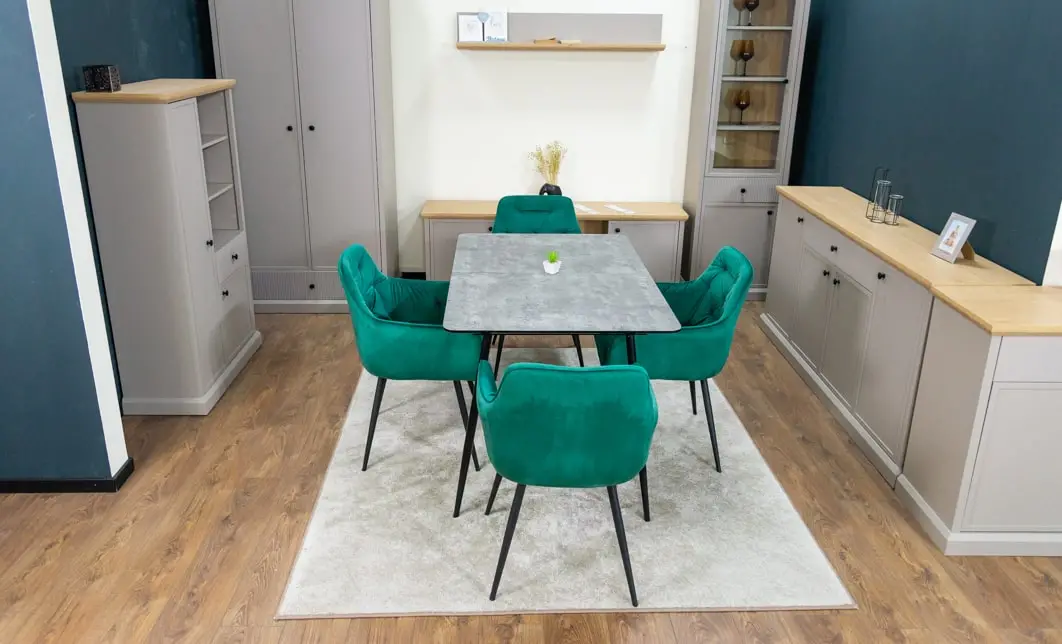 Set Masă Living Extensibilă KJT546 Gri cu 4 Scaune Tapițate KJC38 Verzi