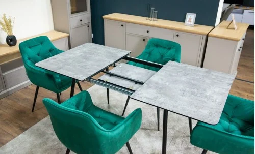 Set Masă Living Extensibilă KJT546 Gri cu 4 Scaune Tapițate KJC38 Verzi
