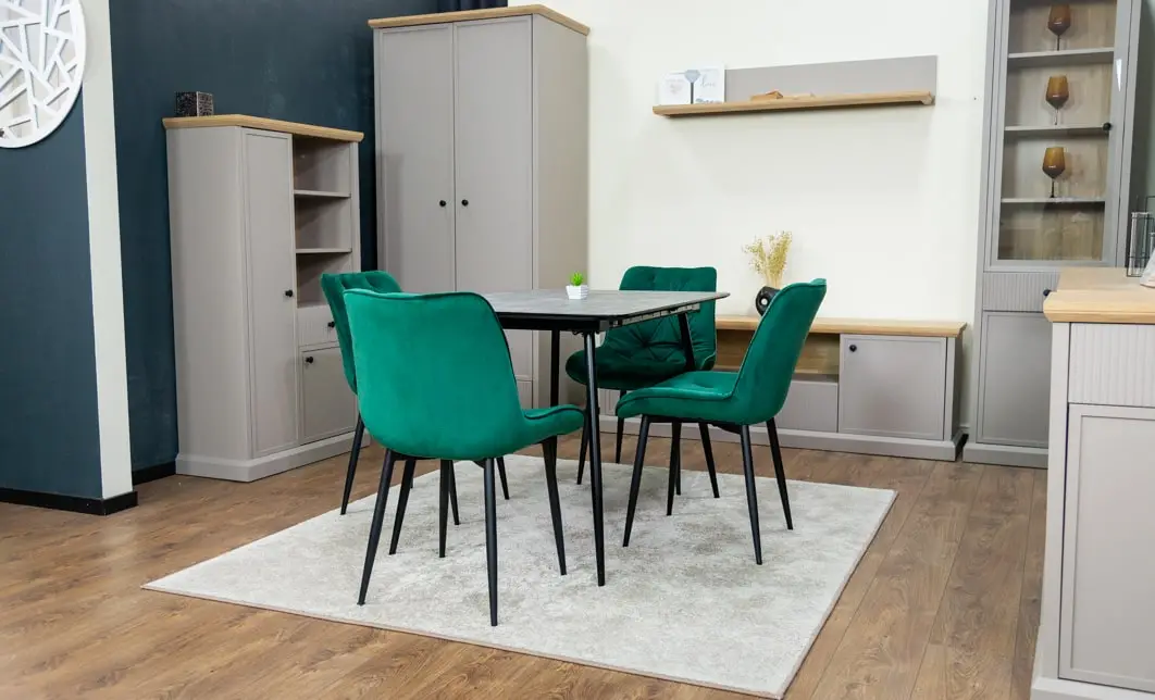 Set Masă Living Extensibilă KJT546 Gri cu 4 Scaune Tapițate KJC0357 Verzi 4