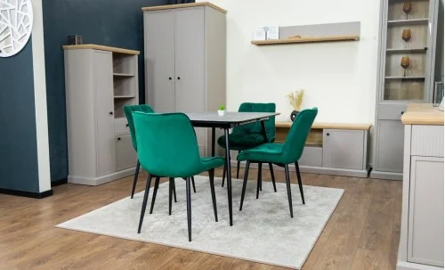 Set Masă Living Extensibilă KJT546 Gri cu 4 Scaune Tapițate KJC0357 Verzi