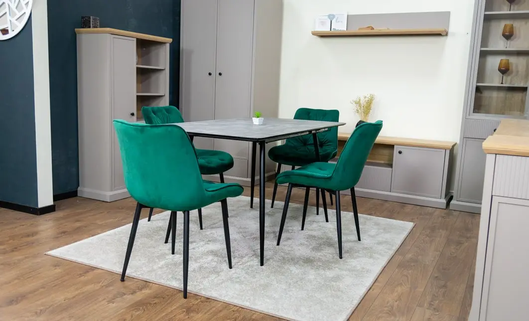 Set Masă Living Extensibilă KJT546 Gri cu 4 Scaune Tapițate KJC0357 Verzi 3