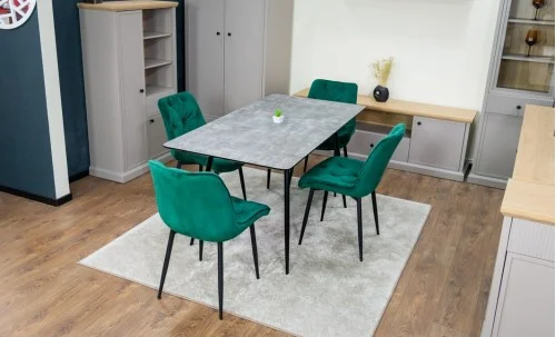 Set Masă Living Extensibilă KJT546 Gri cu 4 Scaune Tapițate KJC0357 Verzi