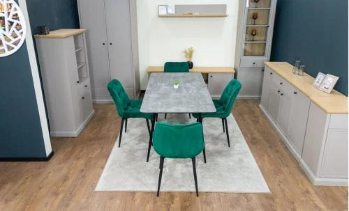 Set Masă Living Extensibilă KJT546 Gri cu 4 Scaune Tapițate KJC0357 Verzi