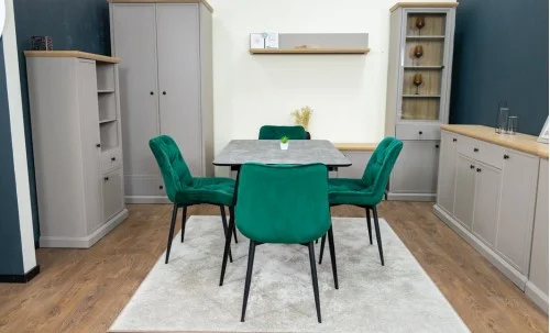 Set Masă Living Extensibilă KJT546 Gri cu 4 Scaune Tapițate KJC0357 Verzi