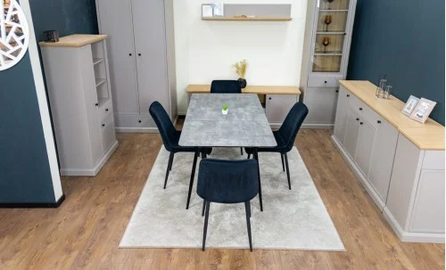 Set Masă Living Extensibilă KJT546 Gri cu 4 Scaune Tapițate KJC176 Negre