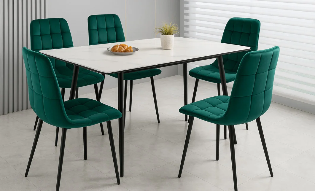 Set Masă Living Extensibilă KJT546 Bej cu 4 Scaune KJC37 Verde