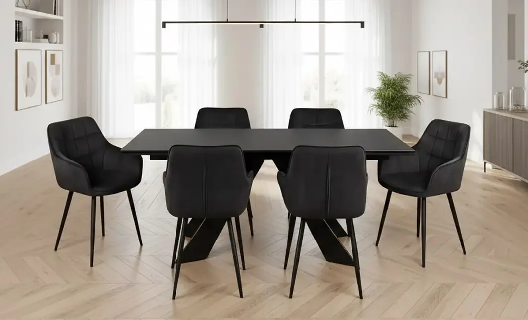 Set Masă Living Extensibilă Blat Ceramic Salvadore Gri/Negru Mat cu 6 Scaune Living KJC4344 Gri Închis