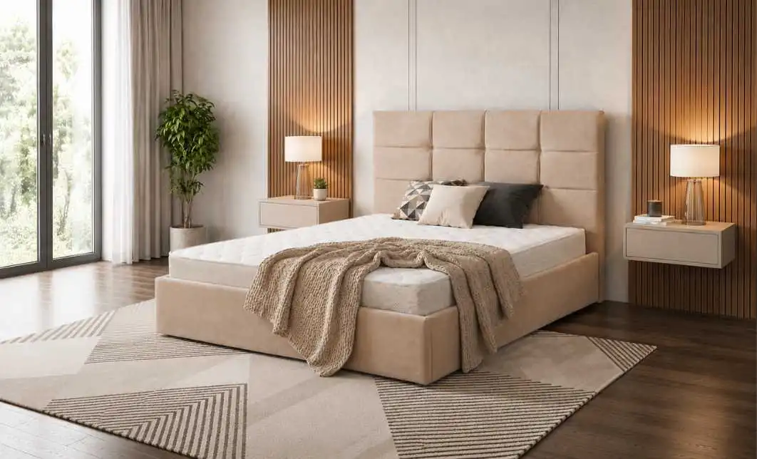 Set Pat Tapițat Siena KJB6293 Bej cu saltea Bonell si Somieră rabatabilă, 160x200 cm