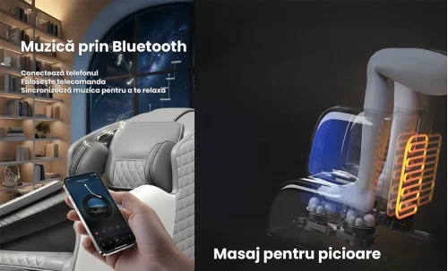 Fotoliu de Masaj A077 Bej, Masaj pe 6 Zone, Role 3D S-Curve, Stretching, Încălzire, Bluetooth