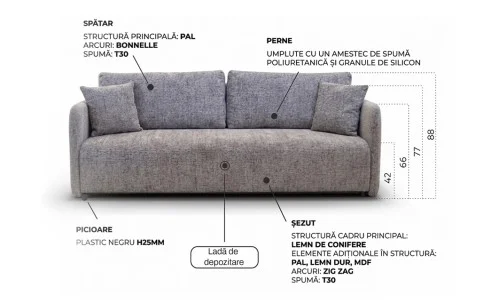 Canapea Extensibilă Allen, Cu Ladă Depozitare, Stofă BELLA 60, Gri