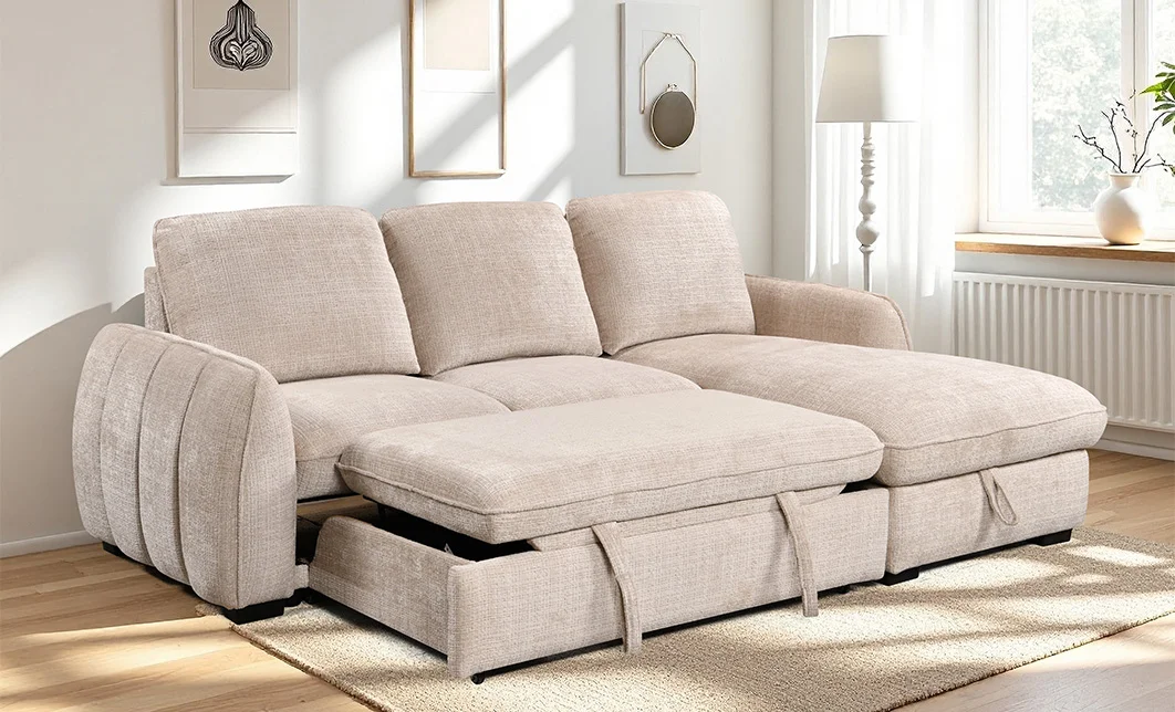 Colțar Extensibil Cremona KF7942 cu Ladă Depozitare, Șezlong Dreapta, Bej 2