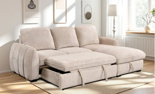 Colțar Extensibil Cremona KF7942 cu Ladă Depozitare, Șezlong Dreapta, Bej
