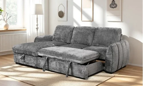 Colțar Extensibil Cremona KF7942 cu Ladă Depozitare, Șezlong Stânga, Gri