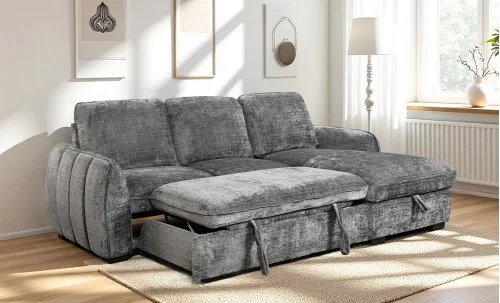 Colțar Extensibil Cremona KF7942 cu Ladă Depozitare, Șezlong Dreapta, Gri