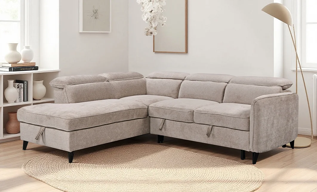 Colțar Extensibil Harmony KF7905 cu Ladă Depozitare, Șezlong Stânga, Gri Deschis