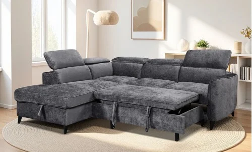 Colțar Extensibil Harmony KF7905 cu Ladă Depozitare, Șezlong Stânga, Gri Închis