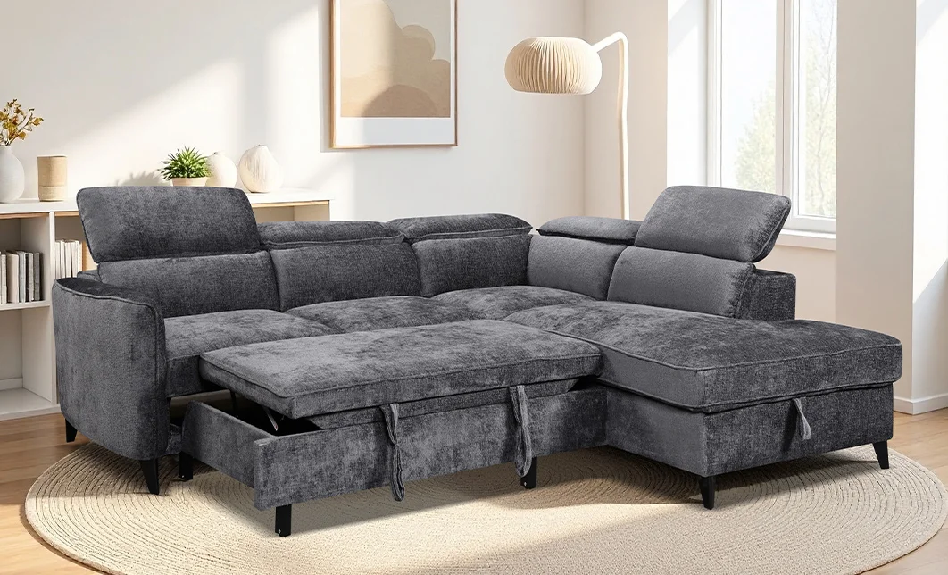 Colțar Extensibil Harmony KF7905 cu Ladă Depozitare, Șezlong Dreapta, Gri Închis 2