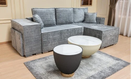 Colțar Extensibil Poznan cu 2 Tabureți, Gri 