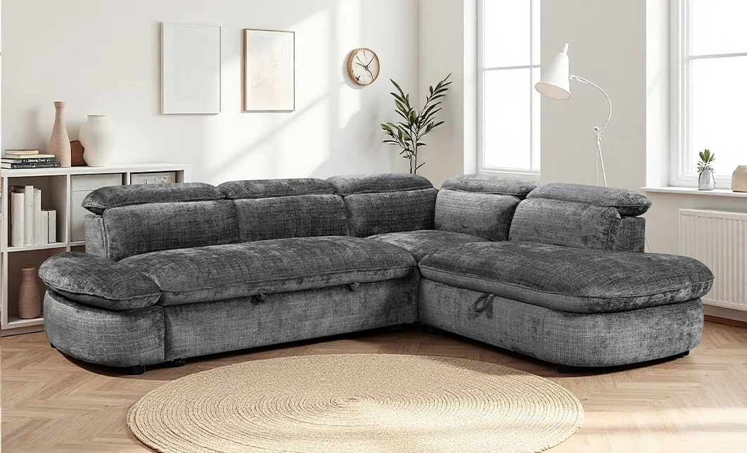 Colțar Extensibil Cremona KF7933 cu Ladă Depozitare, Șezlong Dreapta, Gri