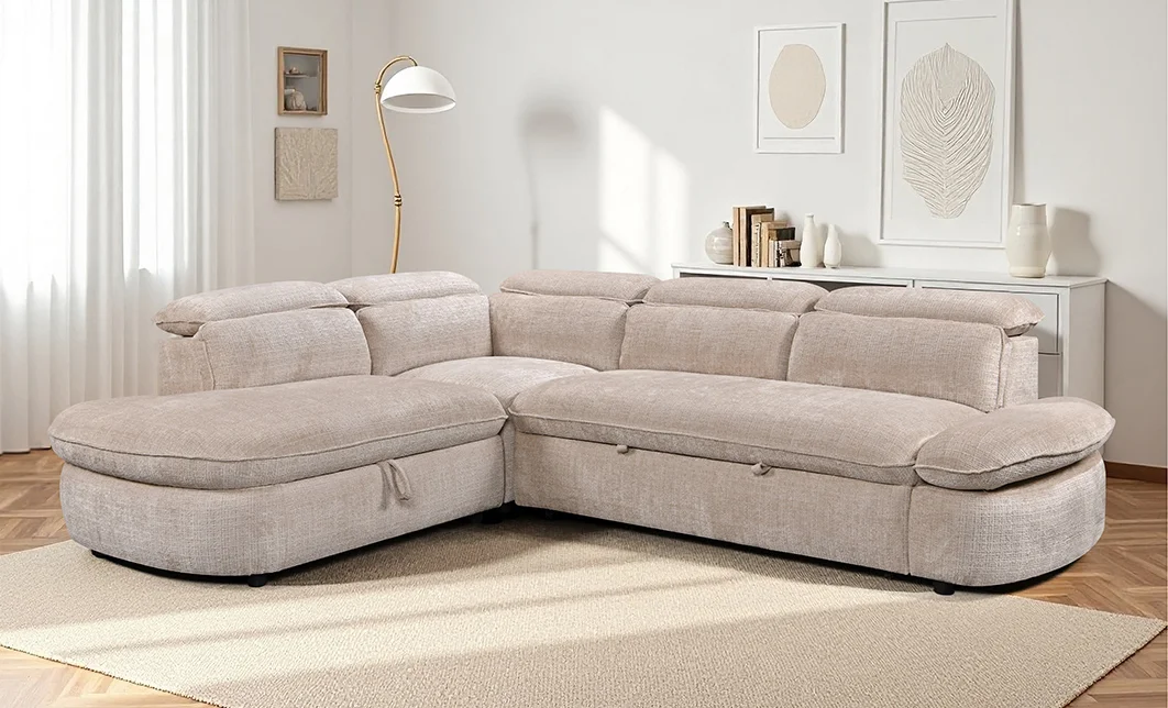 Colțar Extensibil Cremona KF7933 cu Ladă Depozitare, Șezlong Stânga, Bej
