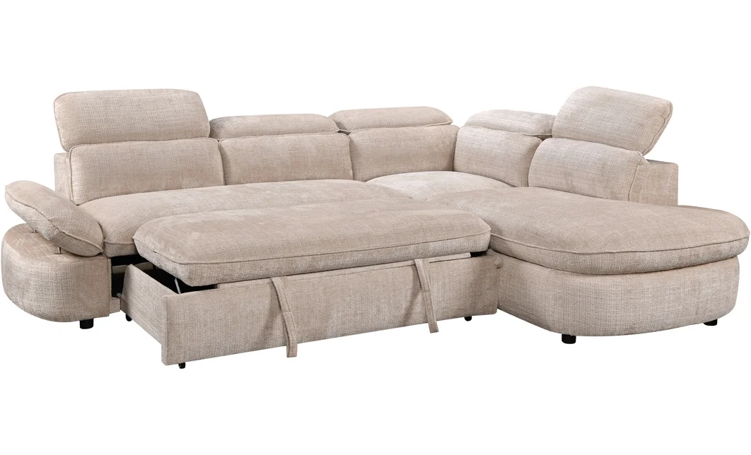 Colțar Extensibil Cremona KF7933 cu Ladă Depozitare, Șezlong Dreapta, Bej 6