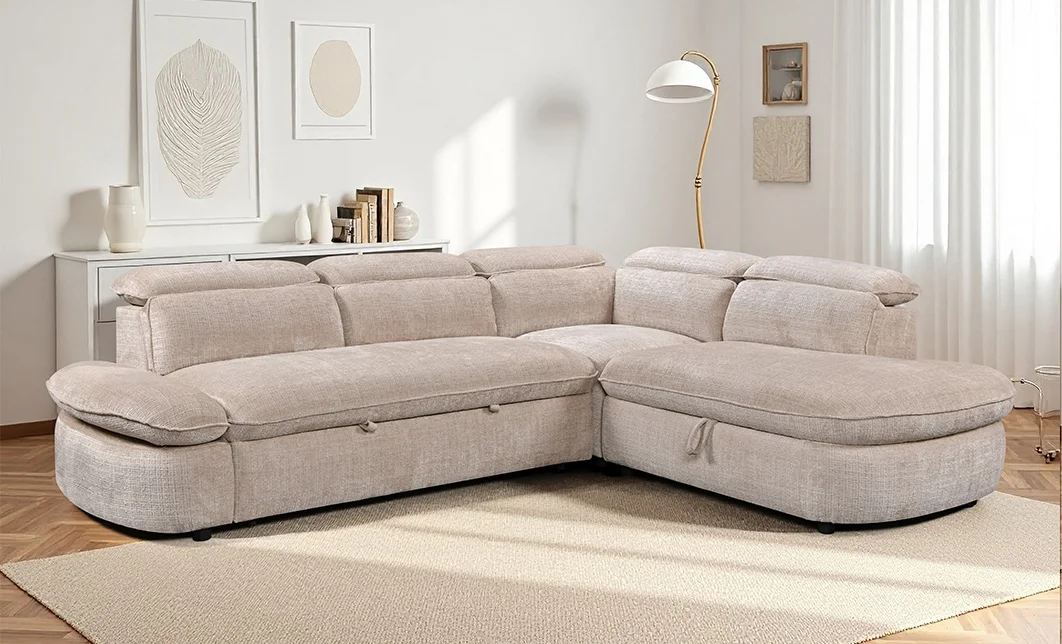 Colțar Extensibil Cremona KF7933 cu Ladă Depozitare, Șezlong Dreapta, Bej
